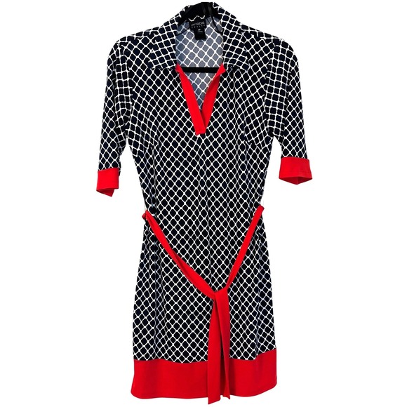 En Focus Petite Dresses & Skirts - Navy White Geometric Print Sheath Dress Red Trim 4P Feminine Parisian Chic Retro
